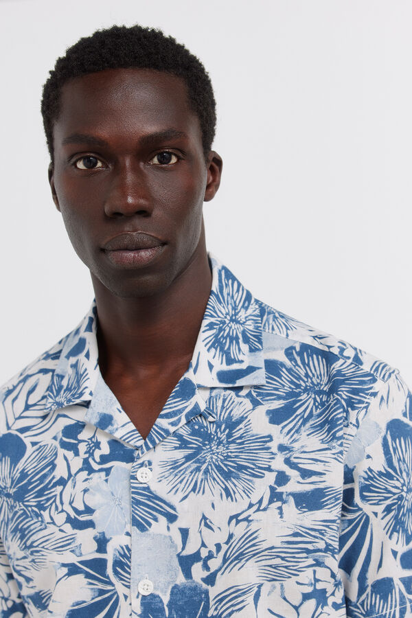 Springfield Camisa de manga curta em linho estampado azul