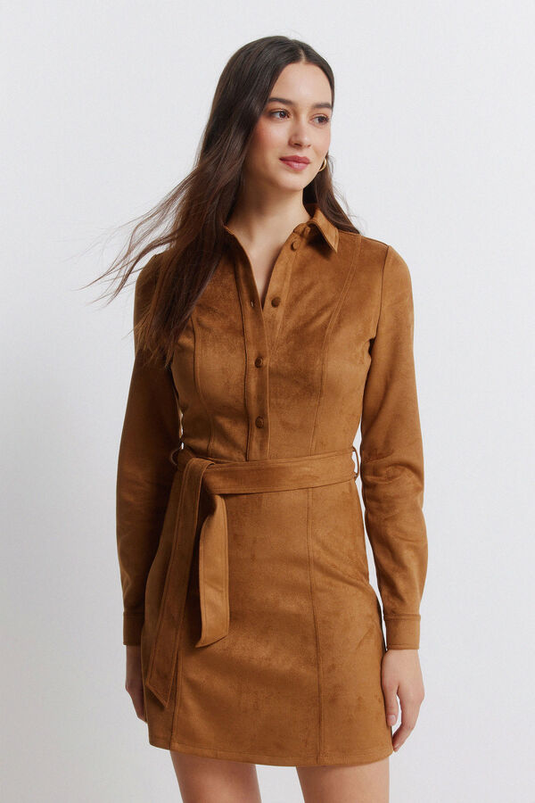 Springfield Vestido corto camisero antelina marr&oacute;n