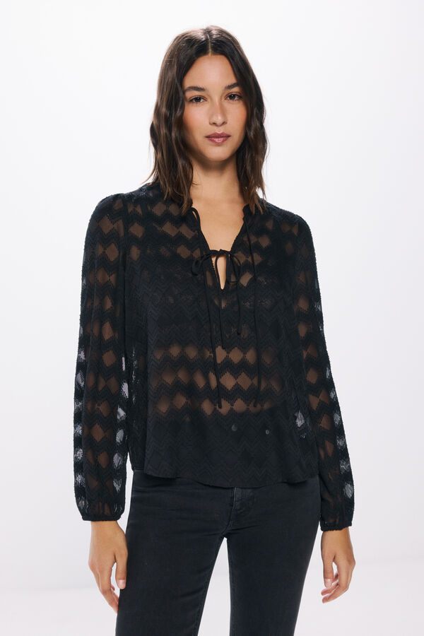 Springfield Blusa gasa bordados transparencias negro