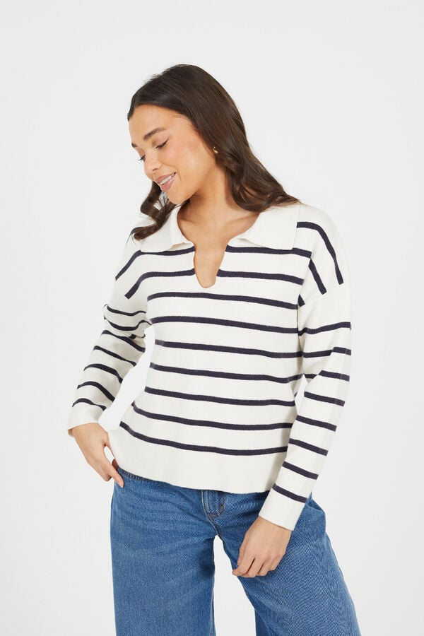 Brave Soul Jersey a rayas con cuello polo marfil
