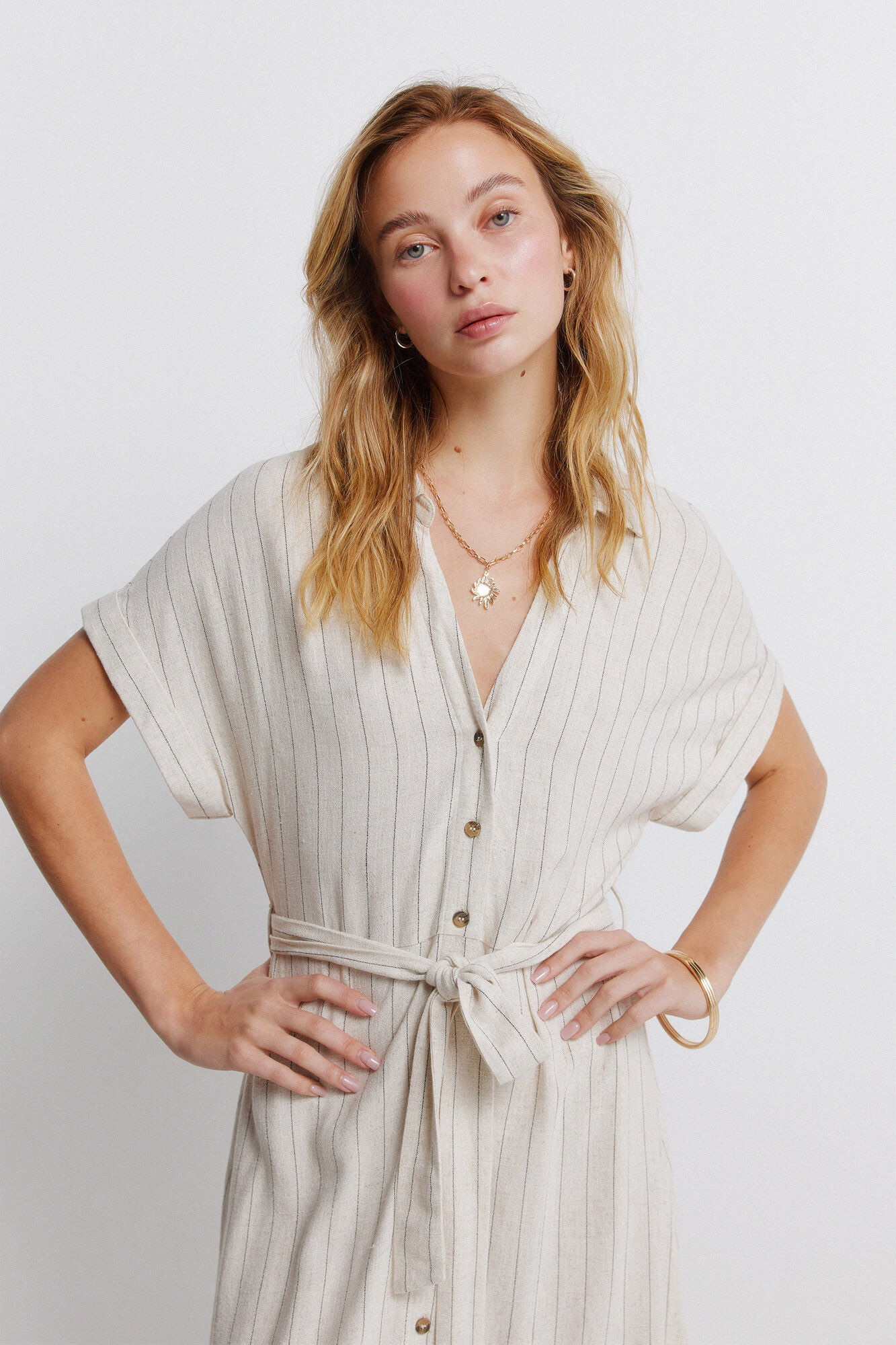Springfield Vestido lino  camisero rayas