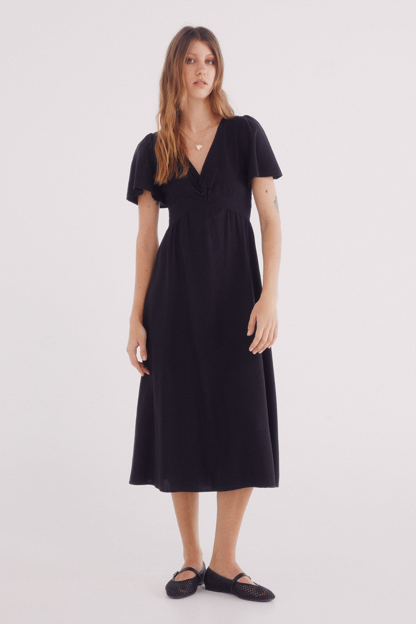 Springfield Vestido midi de decote com decote em linho