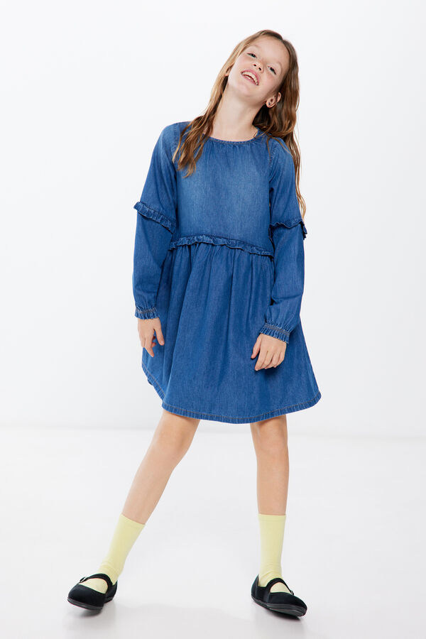 Springfield Kids Vestido denim folhos menina azul