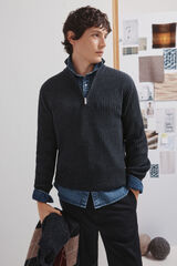 Springfield Camisola canelado com fecho-&eacute;clair azul