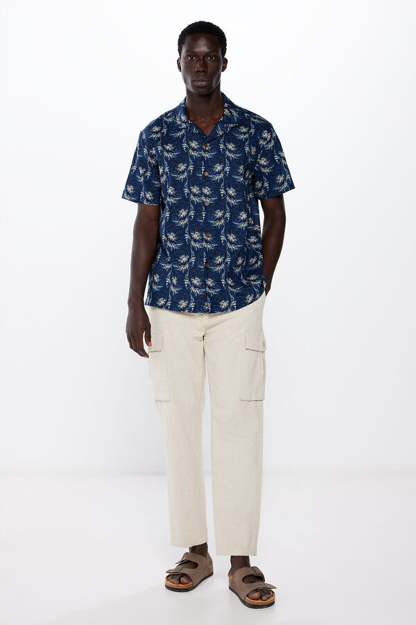 Springfield Camisa manga curto linho estampada azul