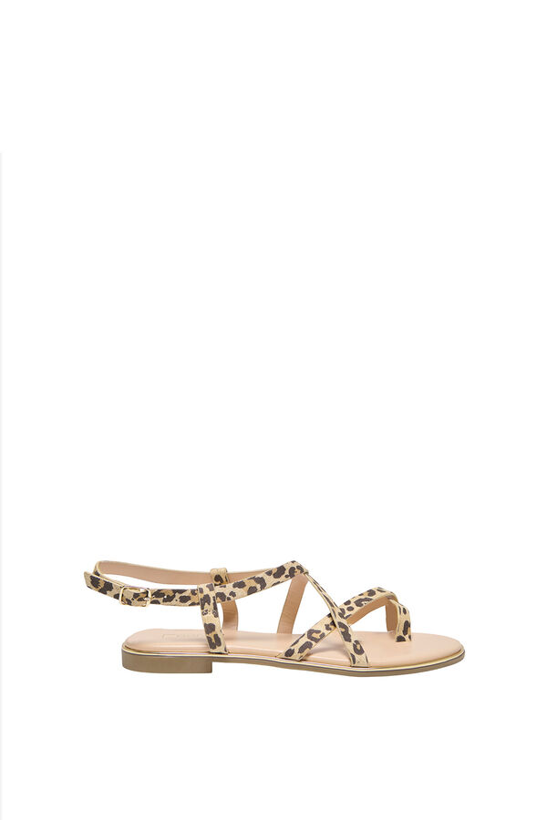 Only Shoes Sand&aacute;lia rasteira com tiras de animal print bege