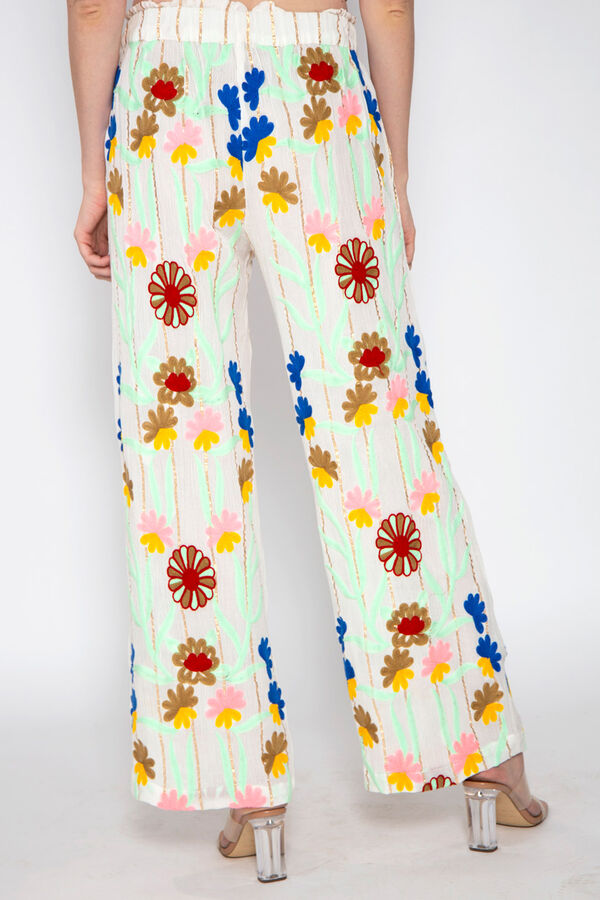 Springfield Pantalón bordado flores multicolor estampado fondo blanco