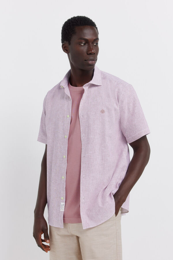 Springfield Camisa de manga curta em linho micro riscas rosa