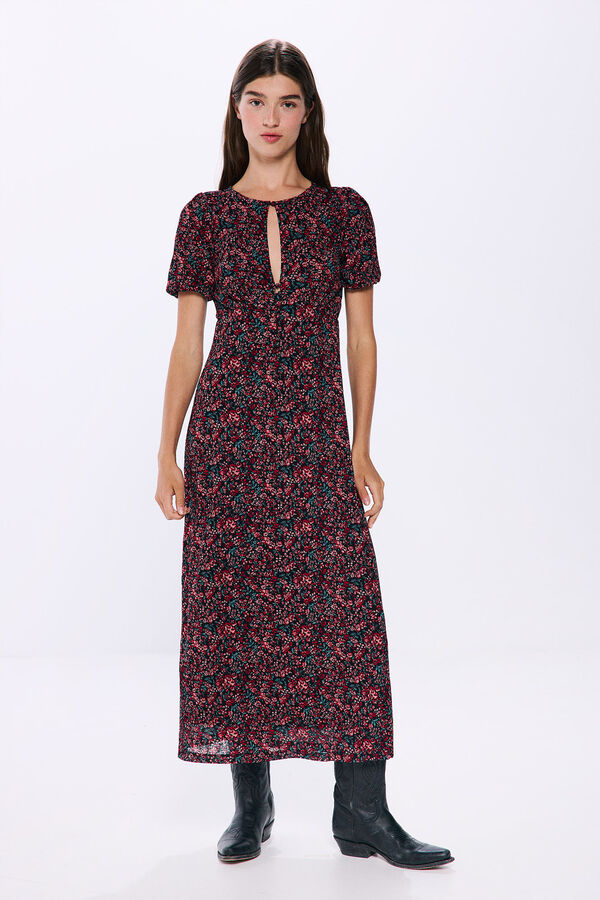 Springfield Vestido midi abertura escote estampado negro
