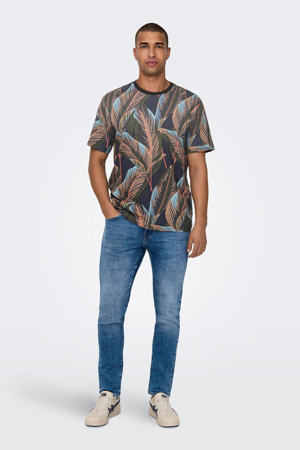 Only & Sons Camiseta estampada hojas negro