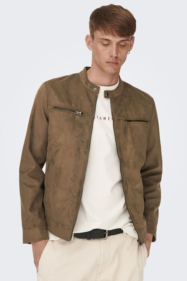 Only & Sons Casaco biker efeito camur&ccedil;a cru