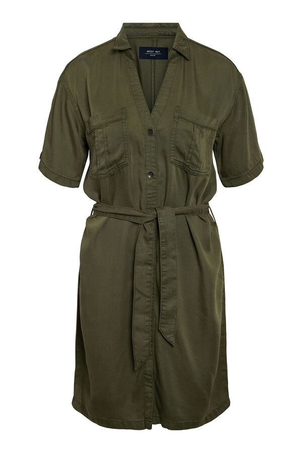 Noisy May Vestido com decote em bico e abotoamento frontal, com la&ccedil;ada na cintura. Textura leve. verde