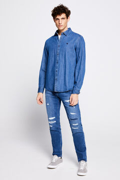 Springfield Jeans slim lavagem média-escura com rasgões azulado