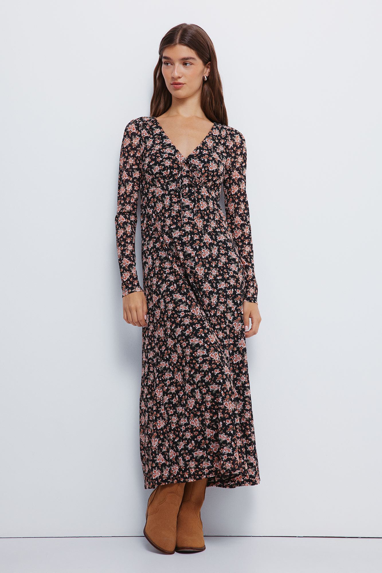 Springfield Vestido midi floral com decote la&ccedil;o