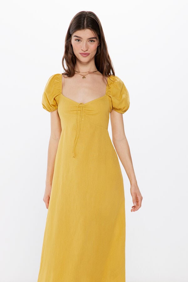 Springfield Vestido Midi Algod&oacute;n Lino amarillo