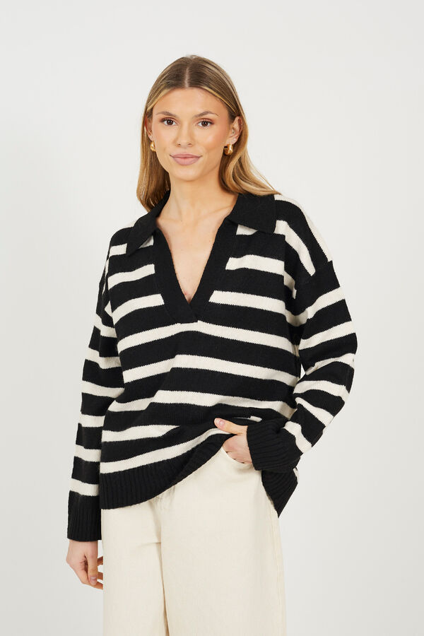 Brave Soul Jersey a rayas con cuello pico negro