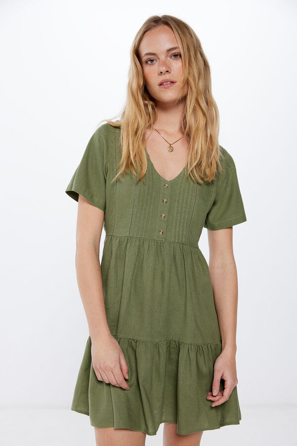 Springfield Vestido Corto Lino Pintucks verde