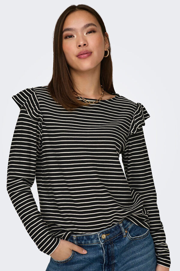 Only Top &agrave;s riscas folhos preto