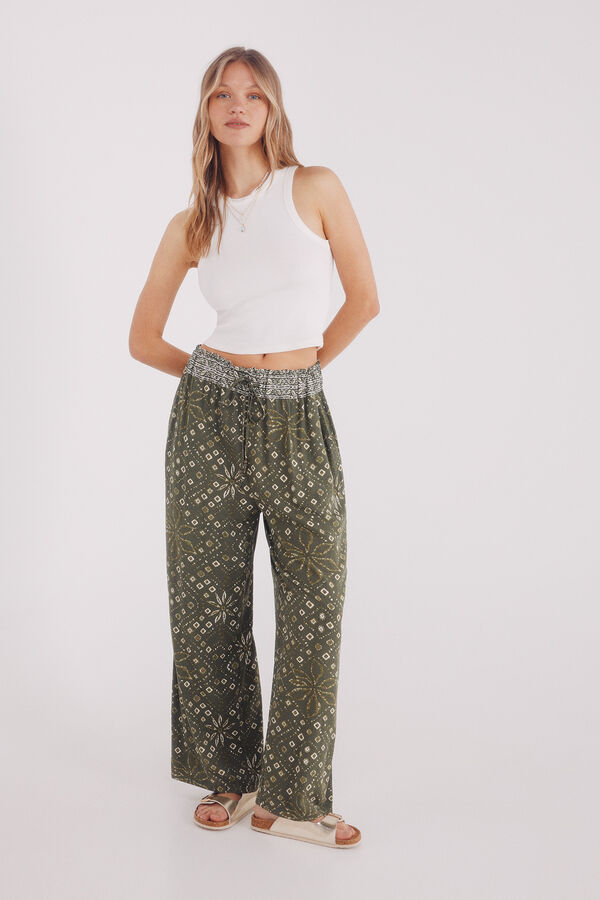 Springfield Cal&ccedil;as flu&iacute;do palazzo estampado bege