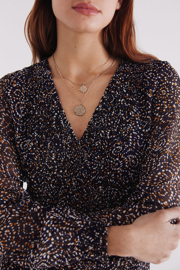 Springfield Vestido curto estampado emborrachado com decote azul