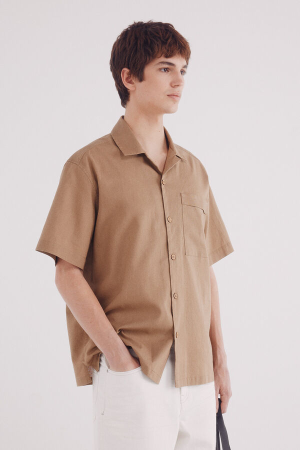 Springfield Camisa de linho manga curta com bolso castanho