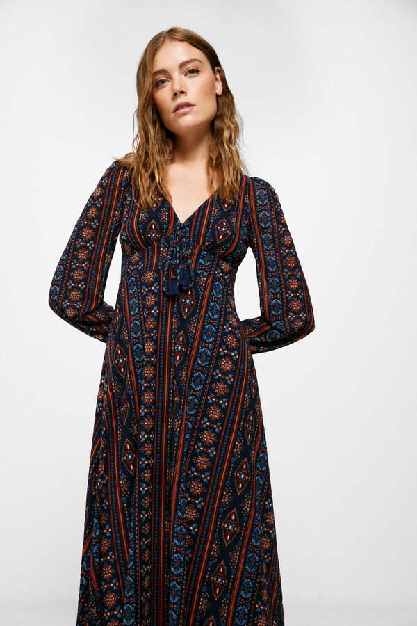 Springfield Vestido Midi Flores Cenefa Vertical azul