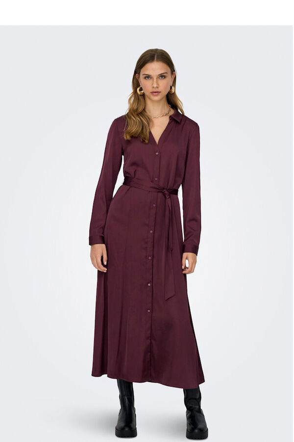 Only Vestido largo camisero de sat&eacute;n burdeos
