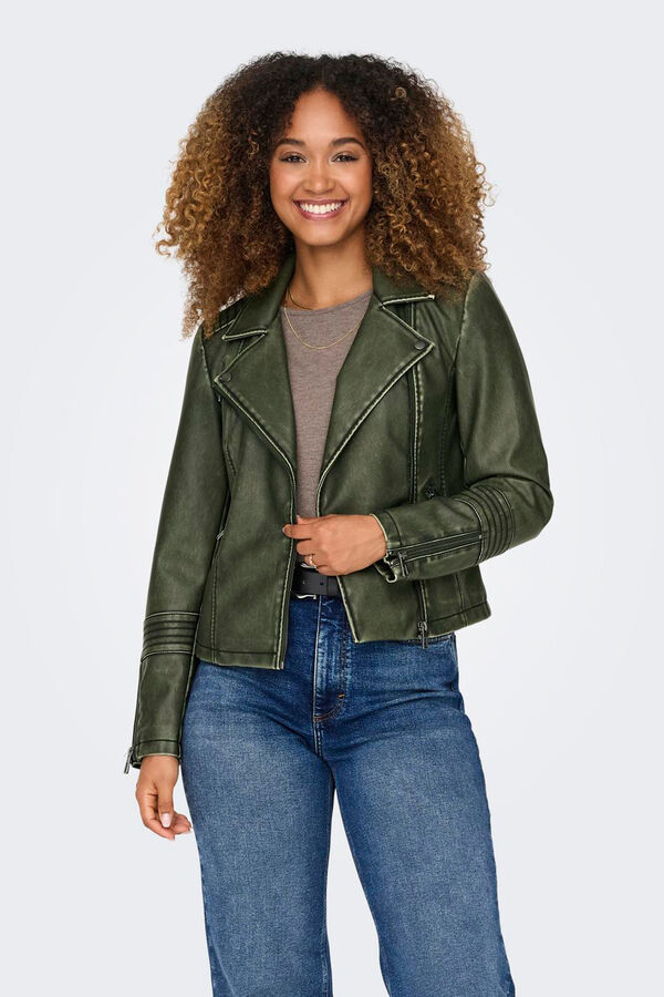 Only Cazadora biker de polipiel efecto envejecido verde