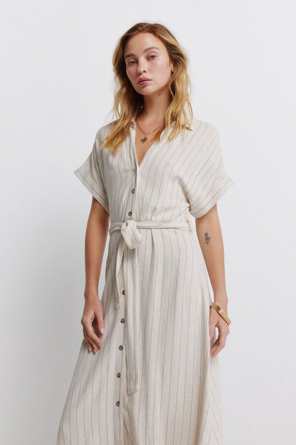 Springfield Vestido lino  camisero rayas marfil