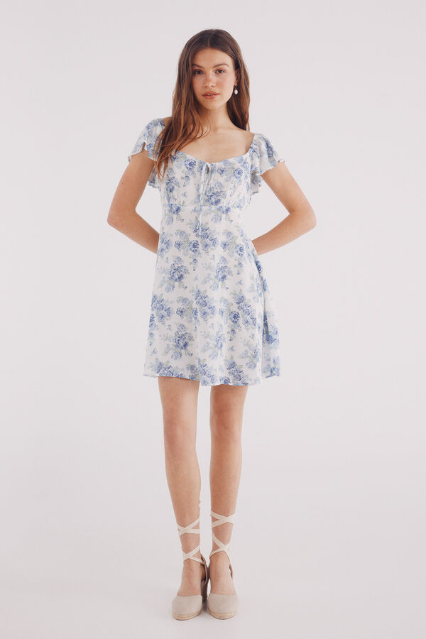 Springfield Vestido curto azul florido branco