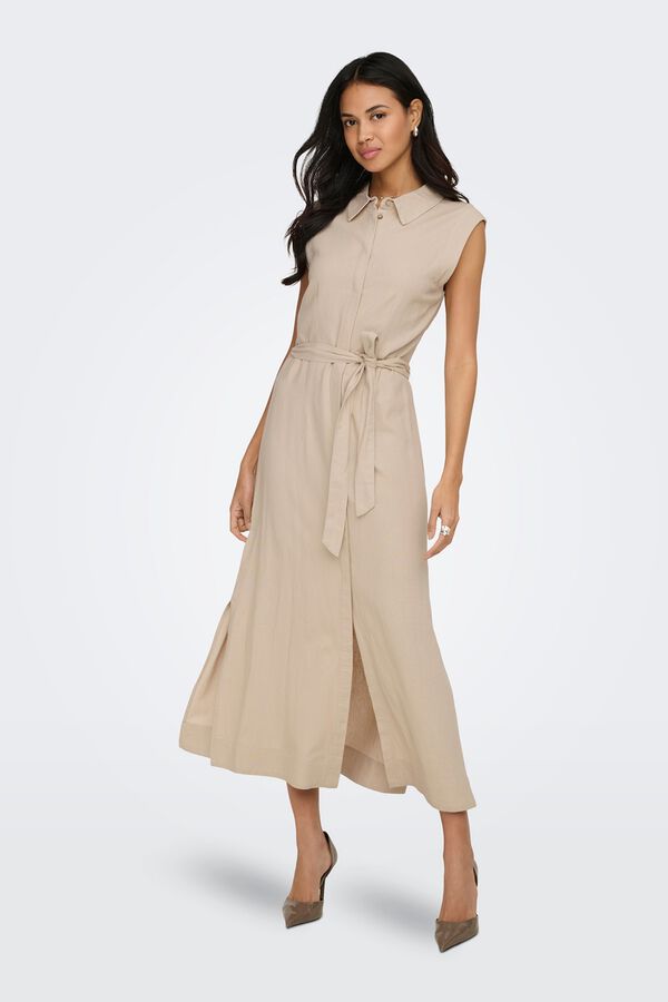Only Vestido camisero largo de lino beige