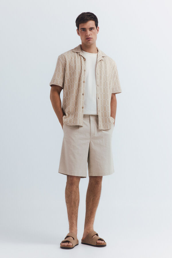 Springfield Camisa de boliche de malha manga curta em malha estampada bege