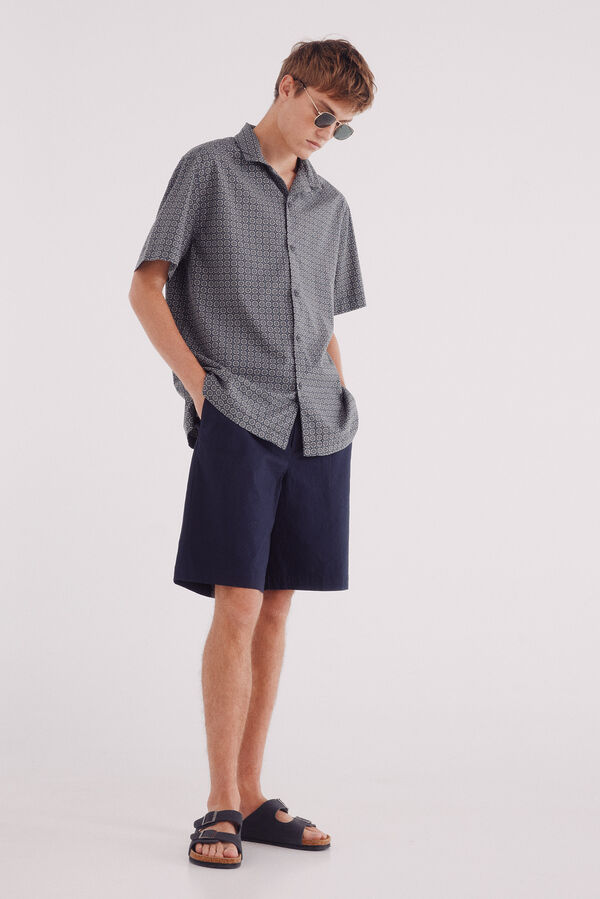 Springfield Camisa de boliche estampada de manga curta azul