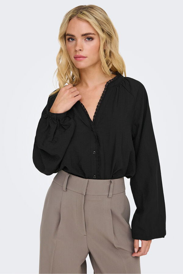 JDY Camisa de manga manga bordada preto