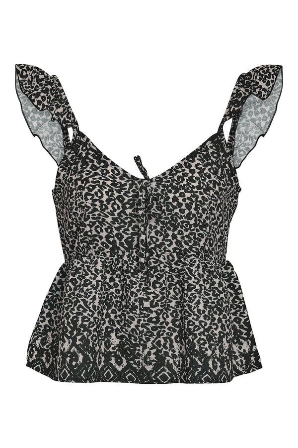 Noisy May Top de manga com al&ccedil;as franzidas.  cinzento