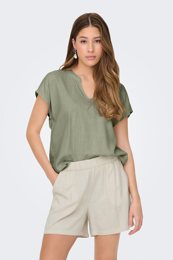 JDY Blusa de linho manga curta verde