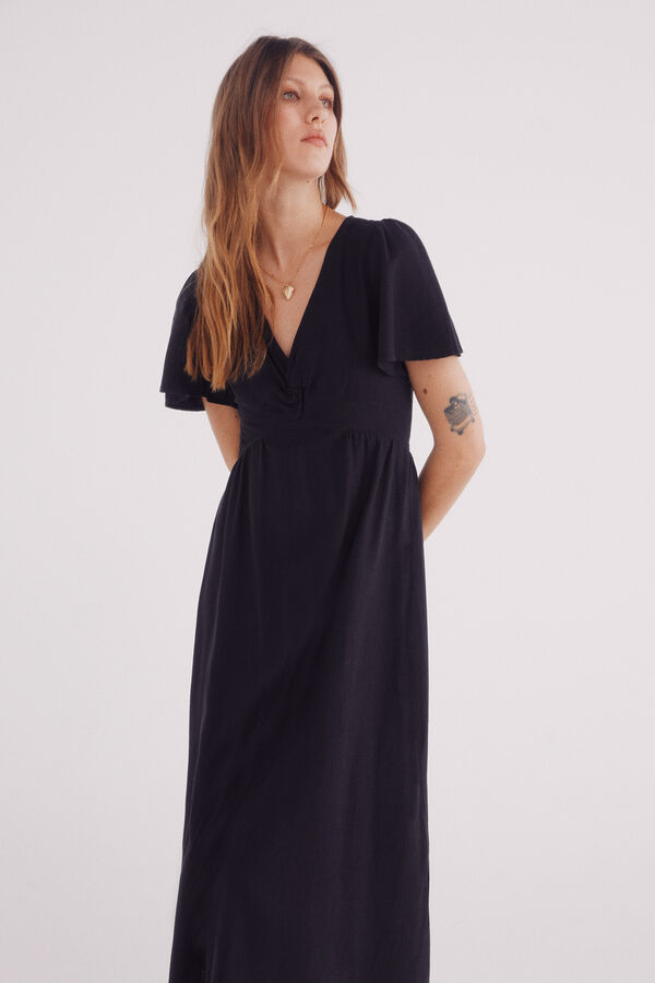 Springfield Vestido midi de decote com decote em linho preto