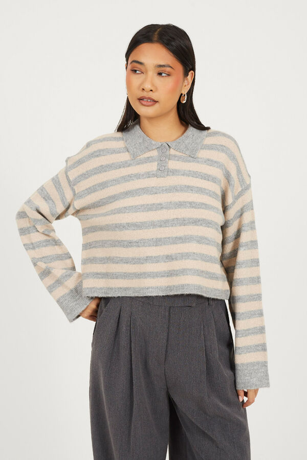 Brave Soul Jersey a rayas con cuello polo gris