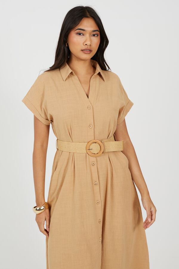 Brave Soul Vestido abotoado com cinto camel