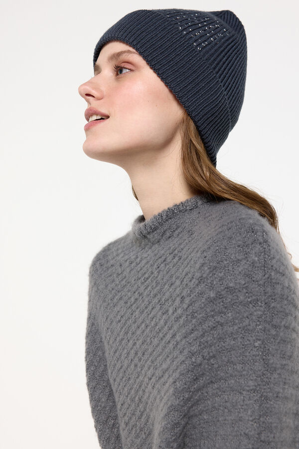 Pieces Gorro beanie de punto con strass azul