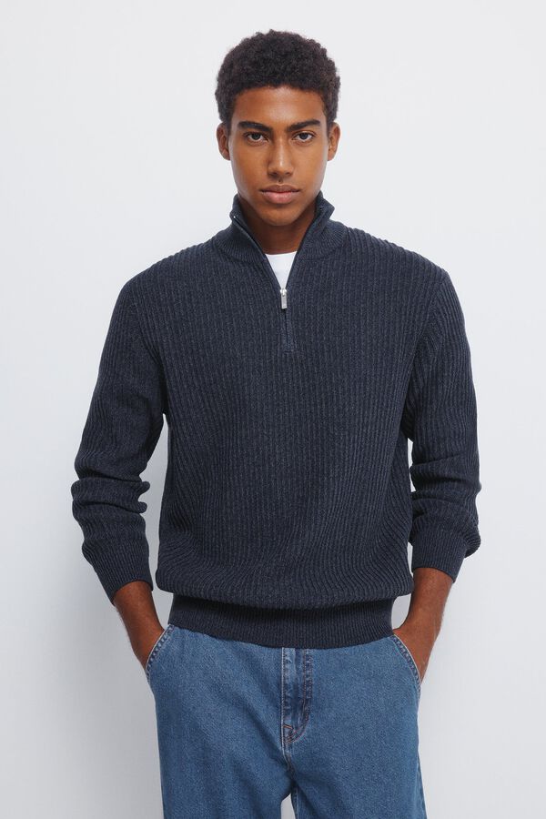 Springfield Camisola canelado com fecho-&eacute;clair azul