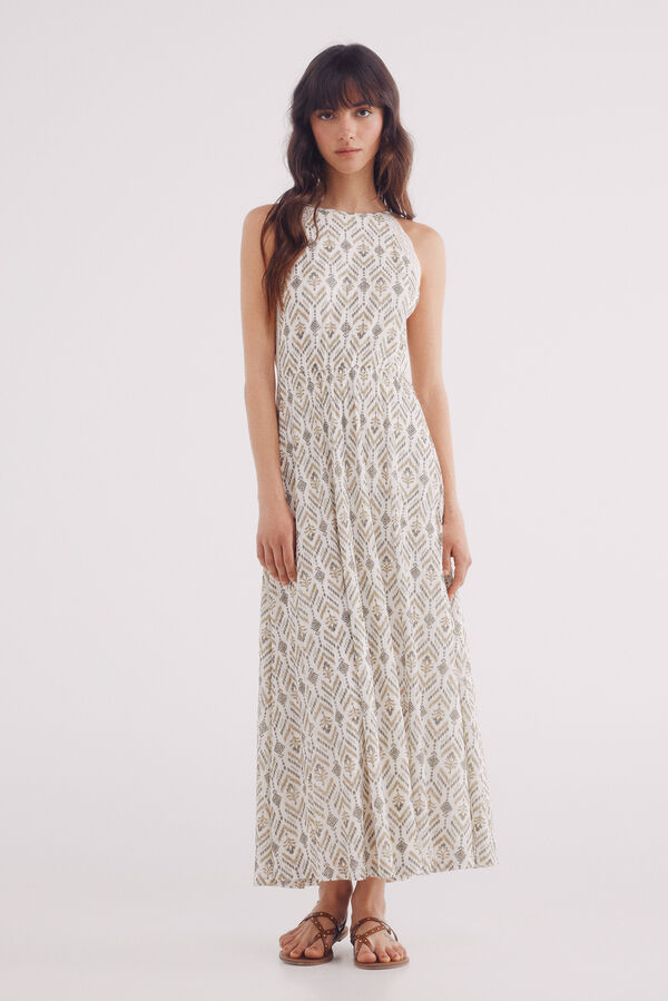 Springfield Vestido midi estampado &eacute;tnico beige