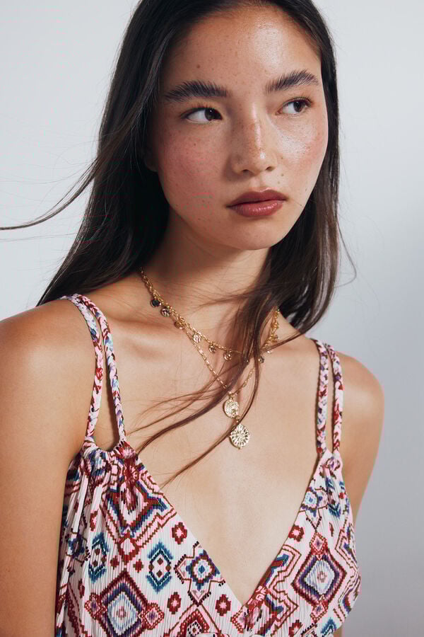 Springfield Vestido midi estampadado &eacute;tnico geom&eacute;trico beige