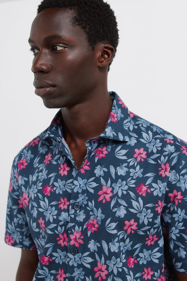 Springfield Camisa de manga curta em linho estampado azul