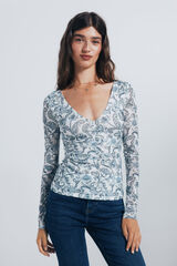 Springfield Camiseta gasa escote frunces estampada blanco