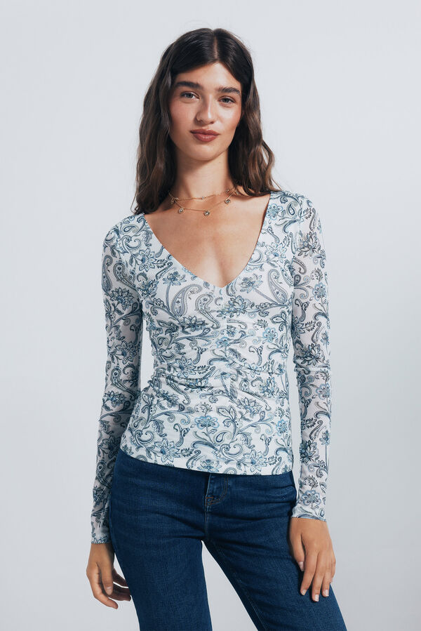 Springfield Camiseta gasa escote frunces estampada blanco