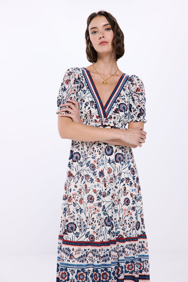 Springfield Vestido midi estampado flores cenefas beige