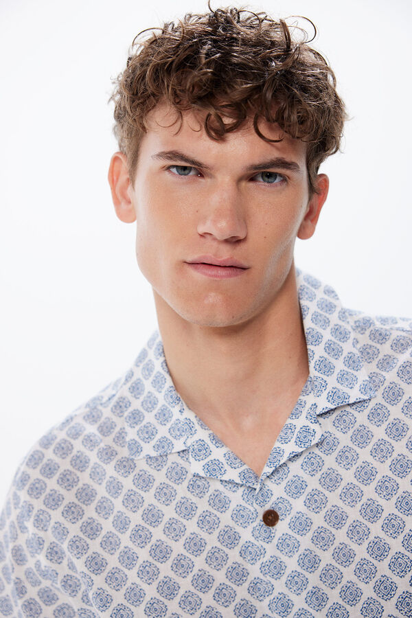 Springfield Camisa manga curto linho estampada branco