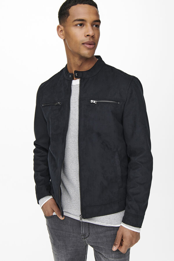 Only & Sons Casaco biker efeito camur&ccedil;a preto