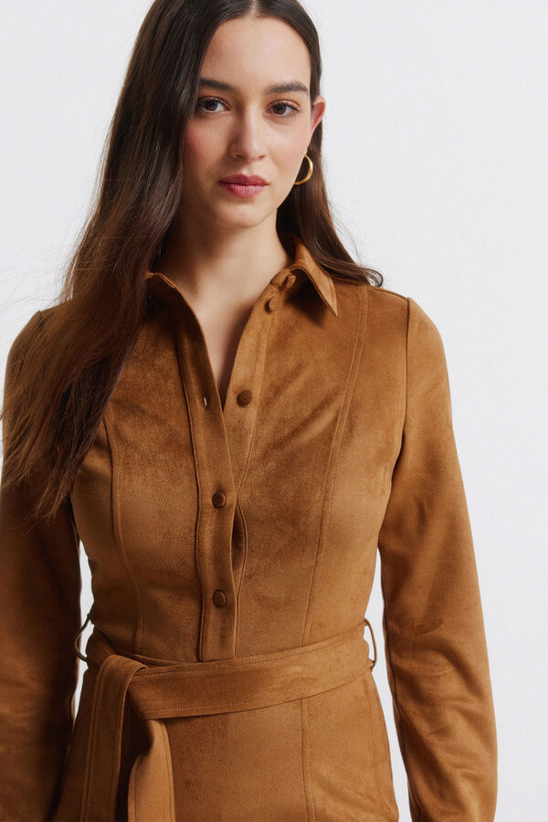 Springfield Vestido corto camisero antelina marr&oacute;n